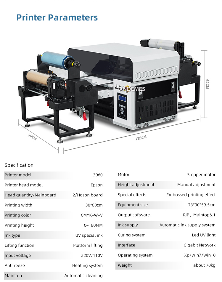 Cloths Printer andemes 6 Colors A3 Size UV led uv flatbed printer roll to roll printing 3060 uv dtf printer With Varnish