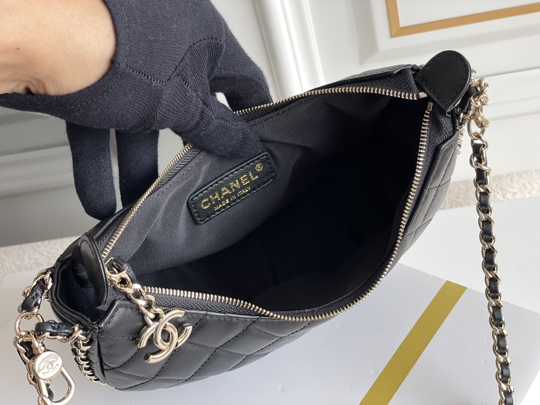 Black Chain Mini Sling Bag Branded Chanel Hobo Handbag Calfskin Leather