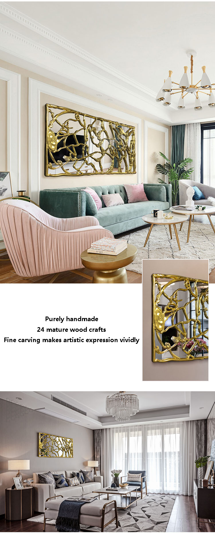 Full Length Hanging Brushed Brass Mirror 100x200cm Decorative