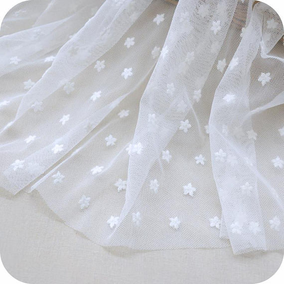 Ivory White Floral Embroidery Cotton Nylon Mesh Lace Fabric 59 Inch Width