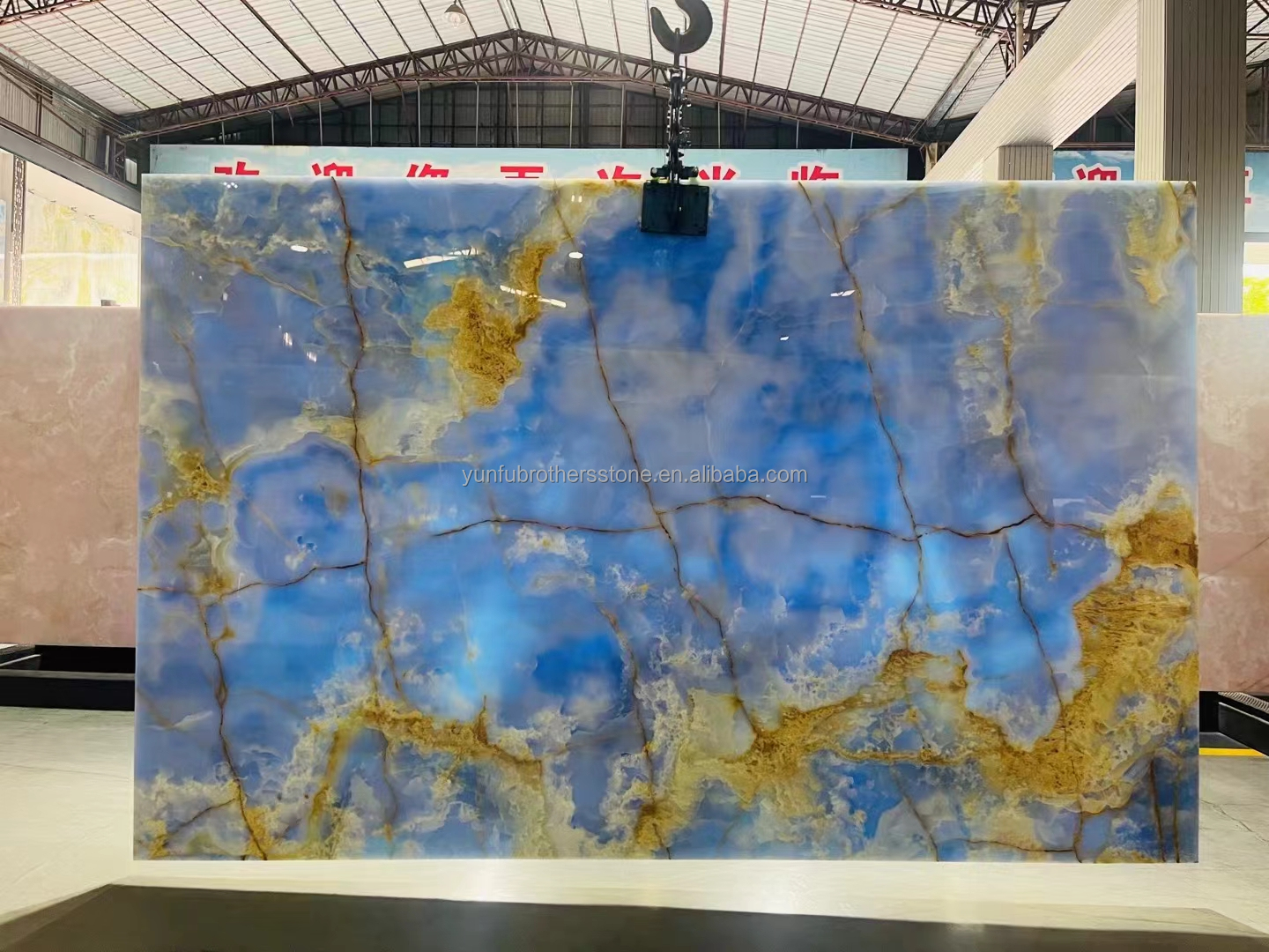 Blue Golden Onyx Stone Slabs Natural Translucent Marble for TV Background Wall Panels