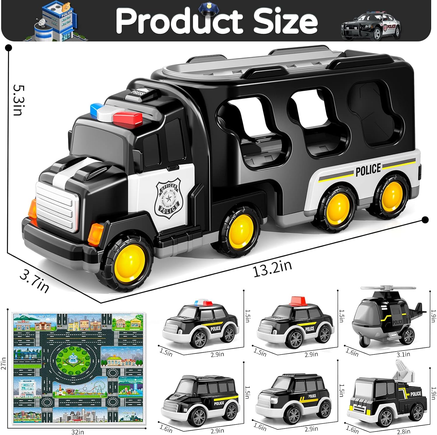 Friction Power Toy Car 7 in 1 Police Truck Toys for Toddlers 3-5 Years Old Scale 1 18