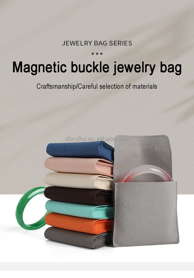 Custom Logo Jewelry Necklace Gift Bags Snap Button Microfiber Jewelry Pouch Jewelry Packaging Storage Bag