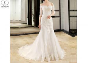 China Half Sleeve Ivory Lace Mermaid Wedding Dress Beading Off Shoulder Back Bandage on sale