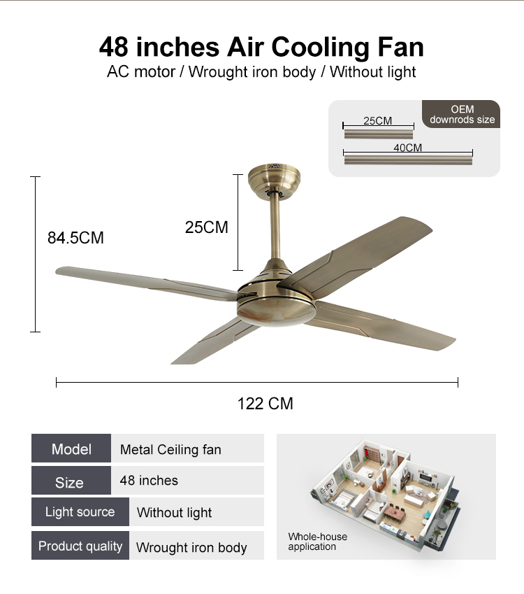 High Speed AC Pure Motor Copper Ceiling Fan with Remote Control and 4 Iron Blades