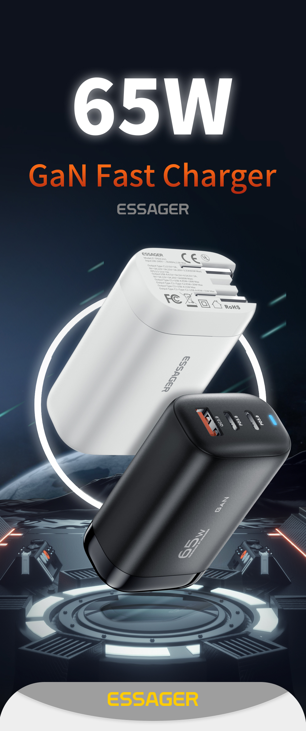 Quick GaN Wall Charger C+A 65W High Power PD 65w Fast Phone Charger For Android