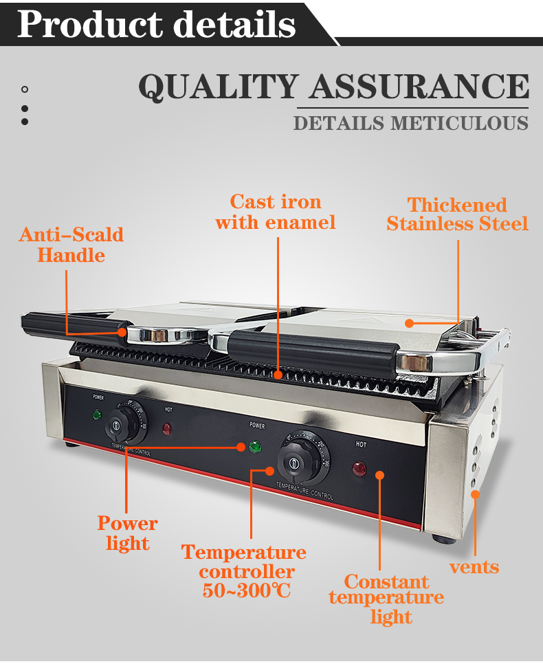 Commercial Full Grooved Electric Grill with Non-stick Cast Iron Panini Burger Press