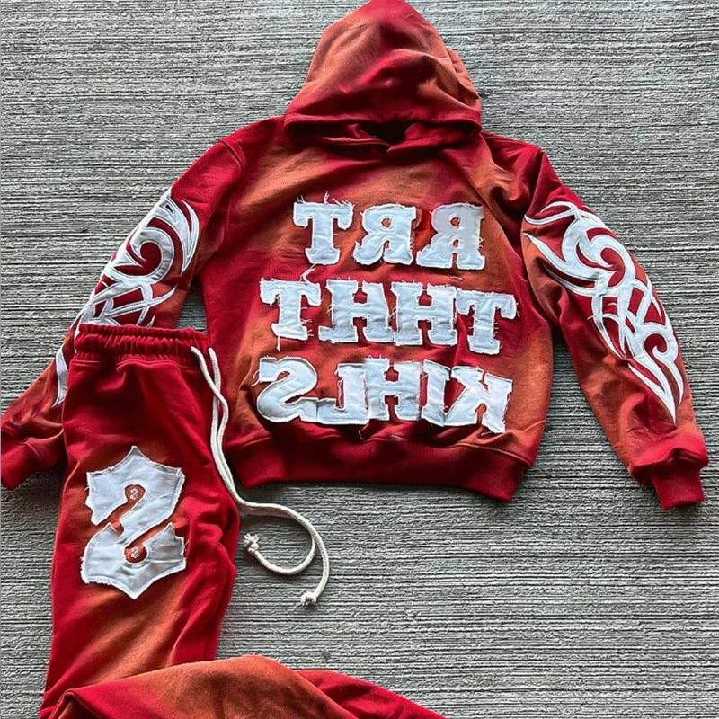 Customized Colorful Embroidery Logo 2 Piece Jogger Sets Flared Sweatpants Distressed