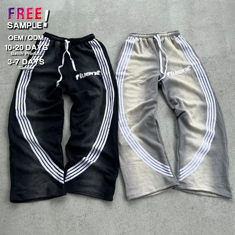 Oem Custom Embroidery Print Logo 100 Cotton Heavyweight Striped Acid Wash Stacked Flared Sweat Pants Track Pant Sweatpants Men