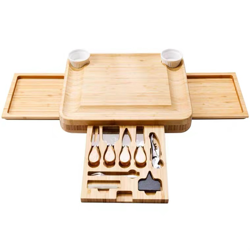 Customized Logo Acceptable Bamboo Charcuterie Cheese Board With Hidden Knife Set 39x33x5cm