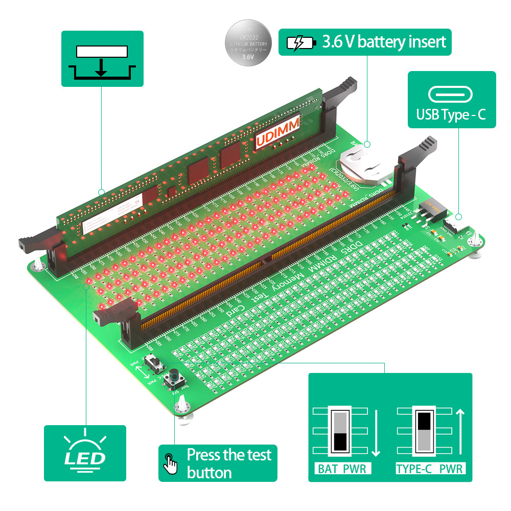 DDR5 RDIMM / UDIMM Memory Tester With Long Latch, Desktop Computer DDR5 Memory Test Card