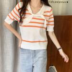 Navy Collar Thin Retro Striped Women Knit Sweater Contrast Color