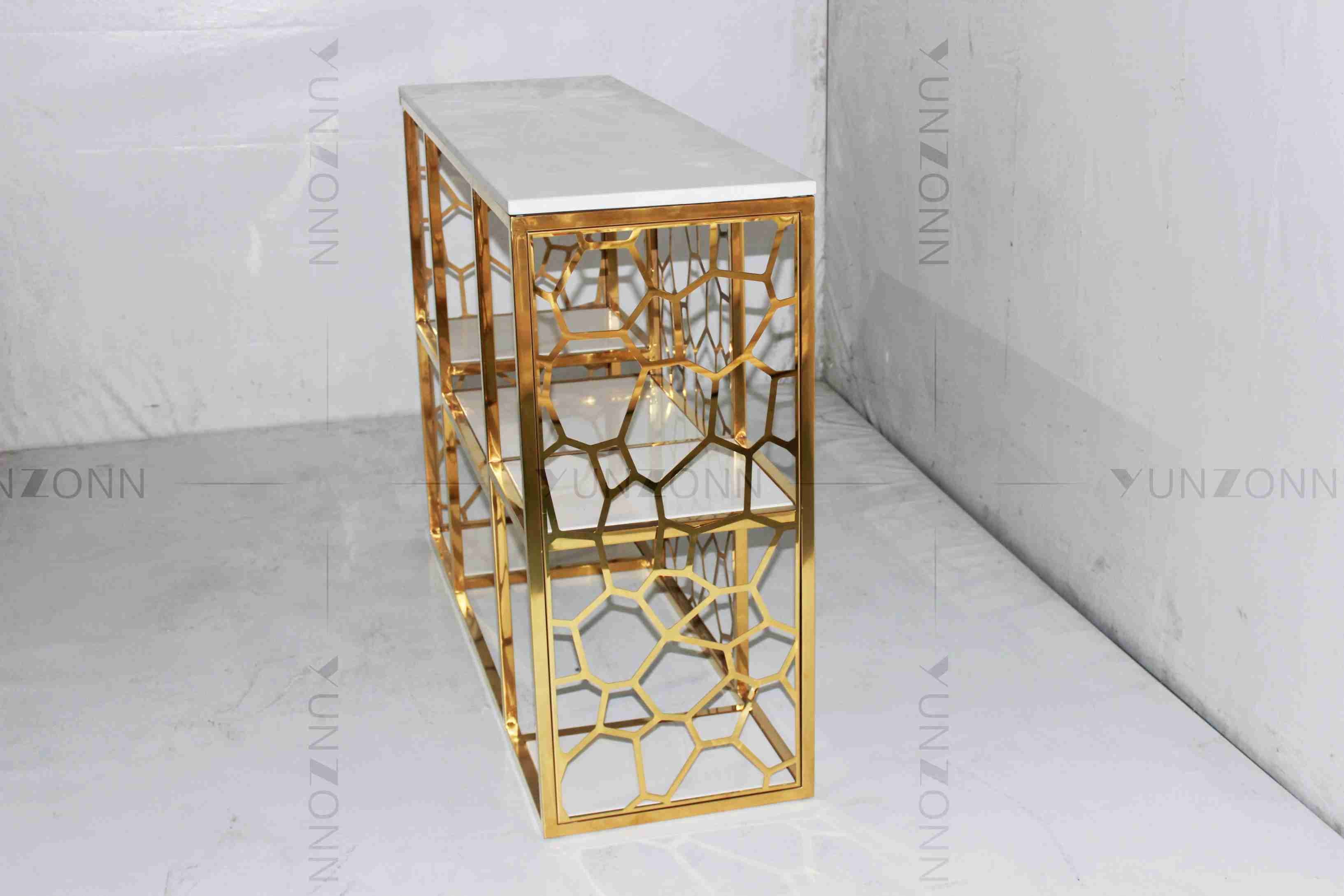 Hollow Out Pattern Carving Design Storage Cabinets Marble Gold Plated Shelving