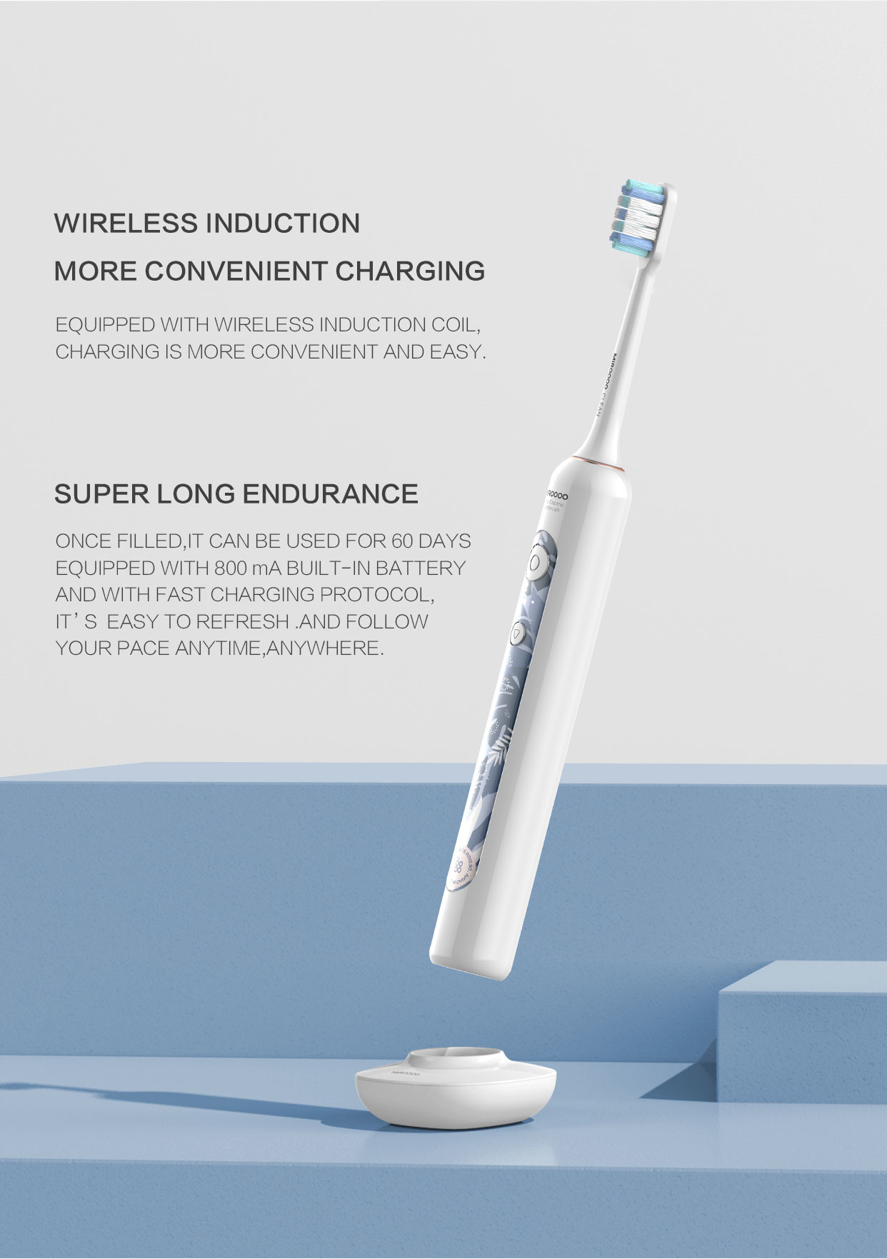 MIROOOO Waterproof IPX7 DuPont Brush Heads Electric Toothbrush With Smart Timer