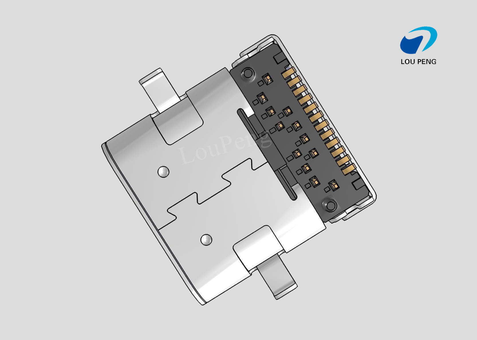 Universal Serial Bus (USB) Shielded I/O Receptacle,type-c, Right-Angle, Mid-Mount, Surface Mount, Gold (Au) Flash over