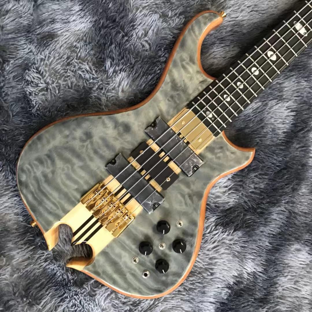 Custom Grand Neck Through Body Flamed Maple Top 5 Strings Bass Guitar Alem Cut Bottom Side LEDs