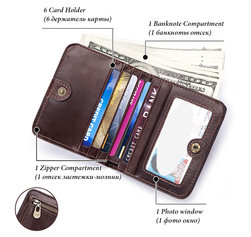 Minibook Cowhide Wallet for Men Genuine Leather Slim Money Clip and Zipper Coins Purse