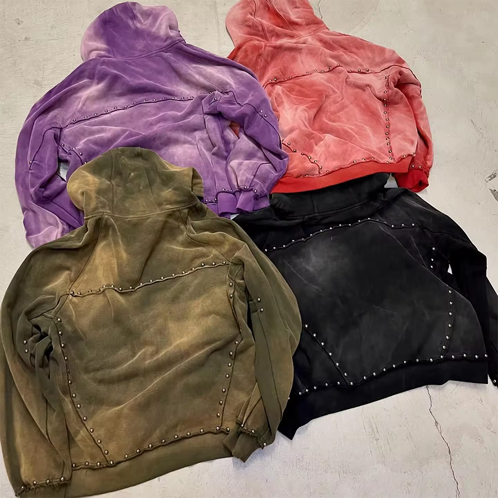 500gsm Black Rhinestone Zip Up Hoodie Men Oversized Autumn Hooded Hoodie Sun Faded Acid Wash Look