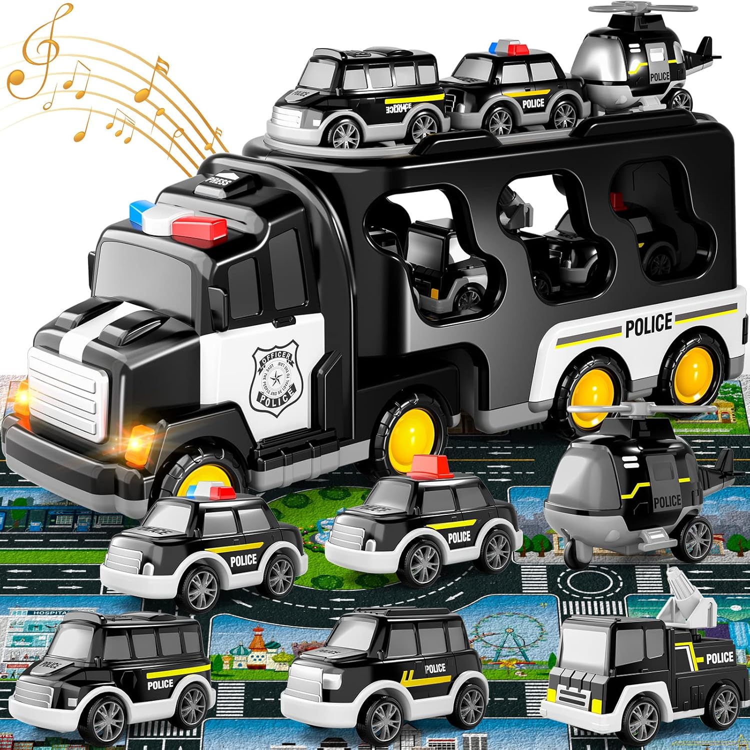 Friction Power Toy Car 7 in 1 Police Truck Toys for Toddlers 3-5 Years Old Scale 1 18
