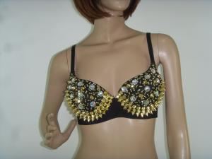 China Black Strap Ladies Night Club Wear Sexy Sequin Beaded Bra With Silver Rivet wholesale