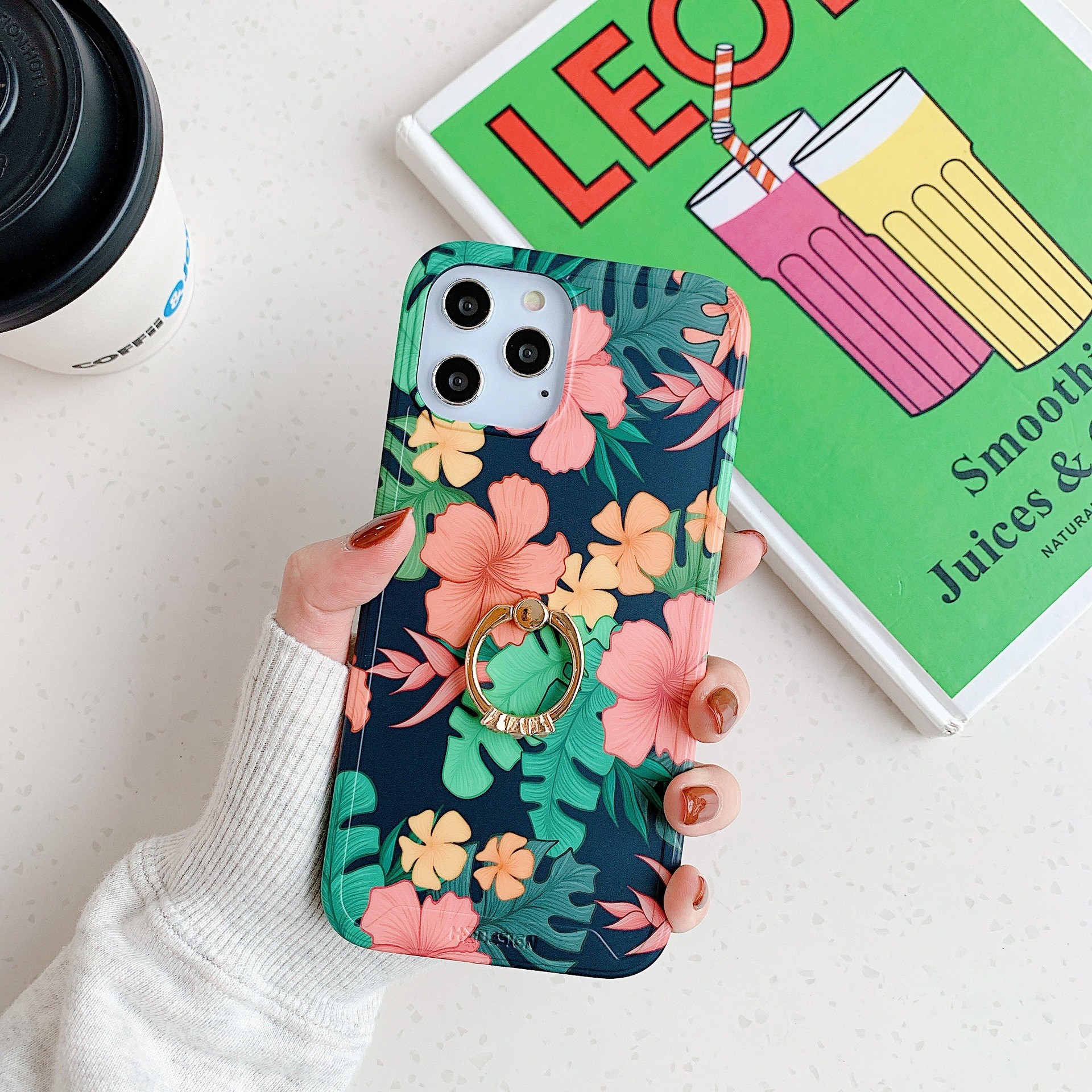 Anti Drop Finger Grip Phone Case IMD TPU Floral Pattern Ring Holder for Iphone 12