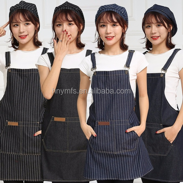 Print Logo Cotton Polyester women men Stripe bib Apron With Pockets, Durable bib Apron for Meat Food Processing