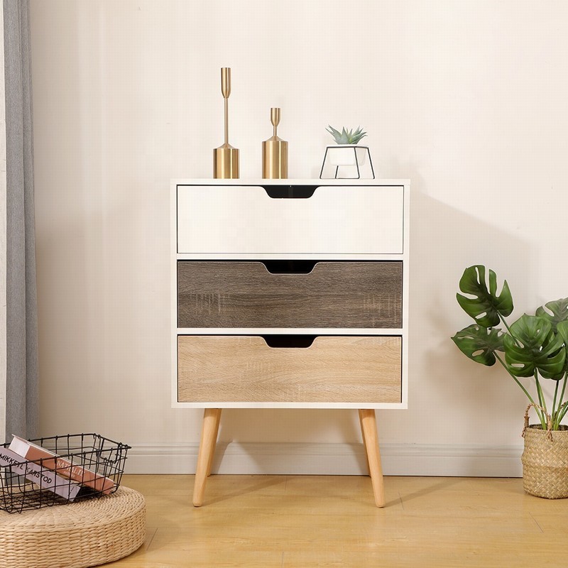 Colorful Particle Board Assembled Timber Bedside Table 3 Drawers for Bedroom