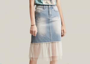 China ODM OEM High Waisted Denim Skirt Tulle Mesh PatchedHem Light Indigo Jeans Wrap Skirt wholesale