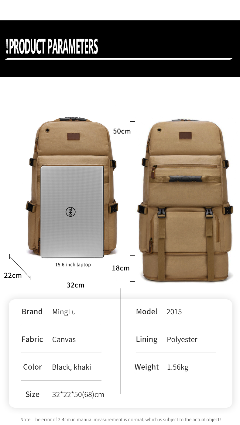 56-77Litre Vintage Canvas Laptop Backpack Khaki Color Waterproofing