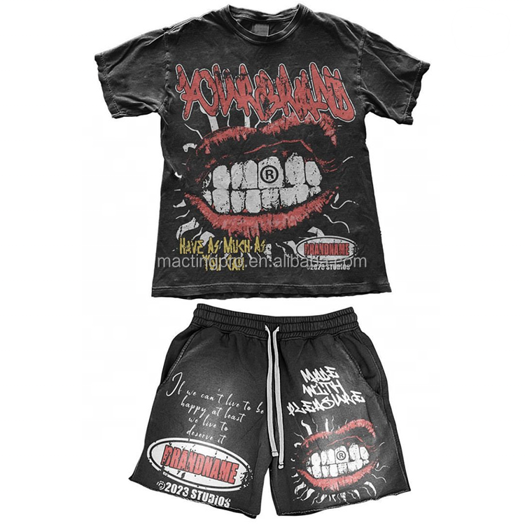 Letter Pattern Type Custom Printed Logo Sun Faded Tees T Shirt and Shorts Set for Men