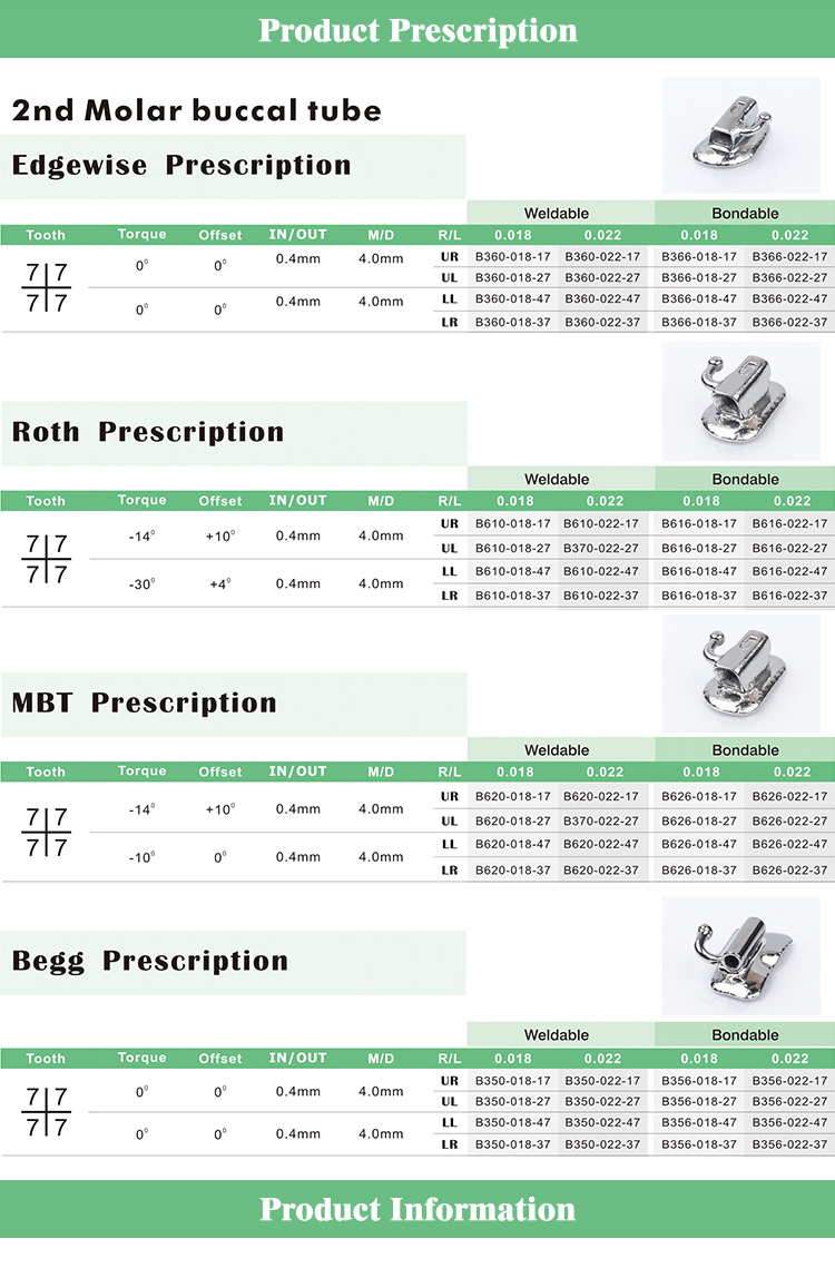 0.022" Stainless Steel Orthodontic Buccal Tubes 2nd Molar ROTH / MBT