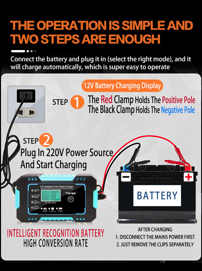 12V 24V AGM GEL Battery Intelligent Pulse Repair Charger Portable