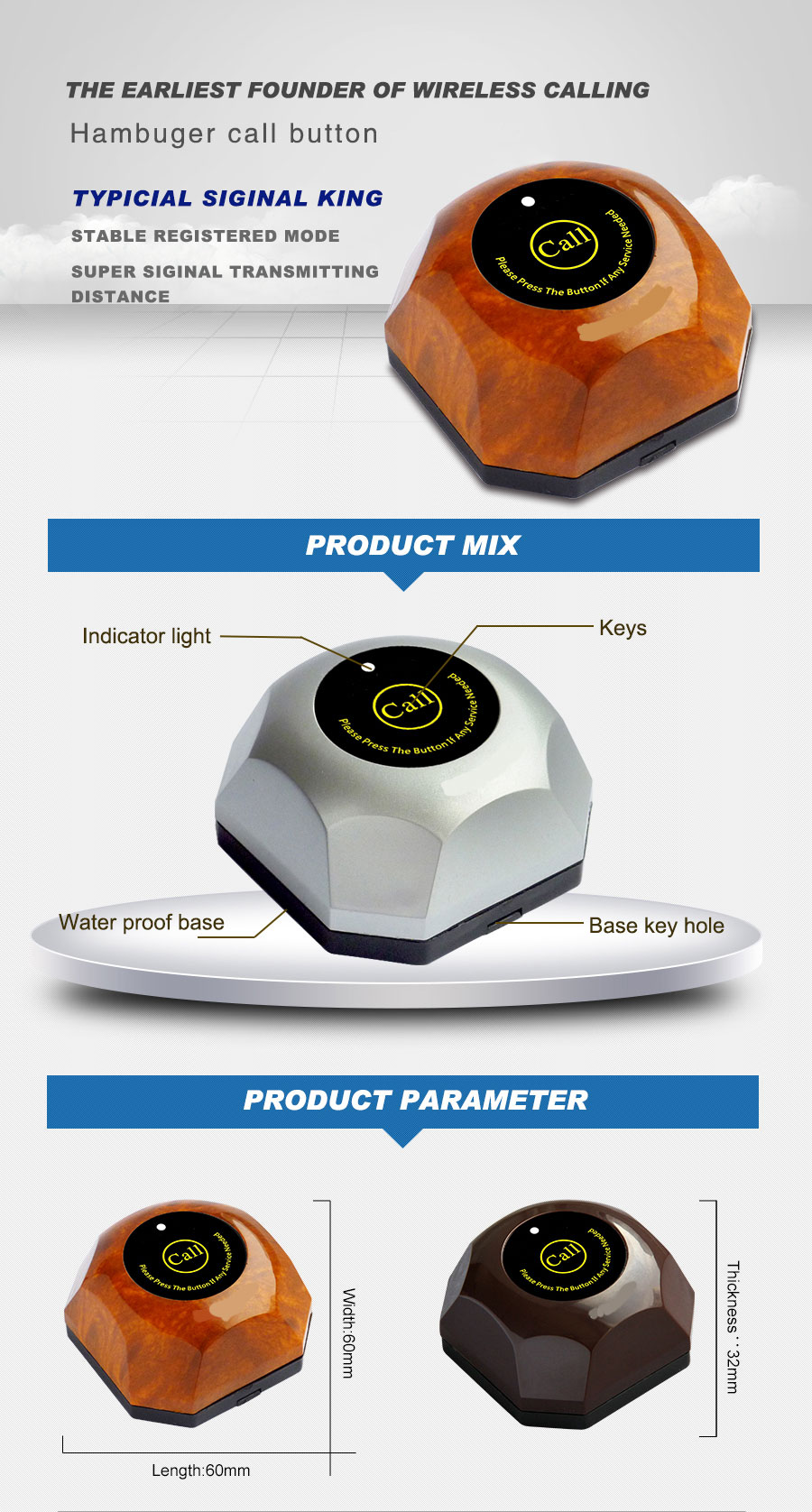 Hot Sell Small Electronic Buzzer Bell Wireless Service Waiter Calling Remote Call Bell System