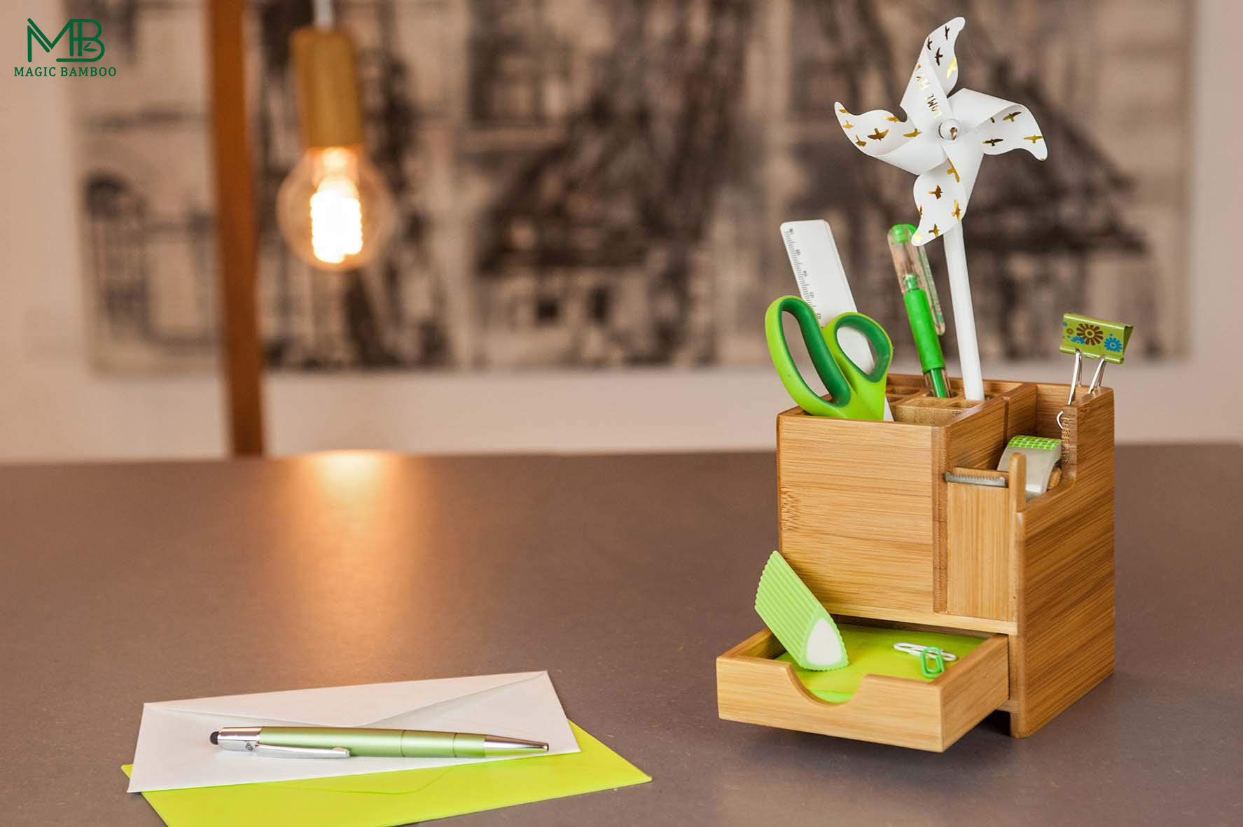 Bamboo Multifunctional Pen Holder With Drawer And Tape Cutter