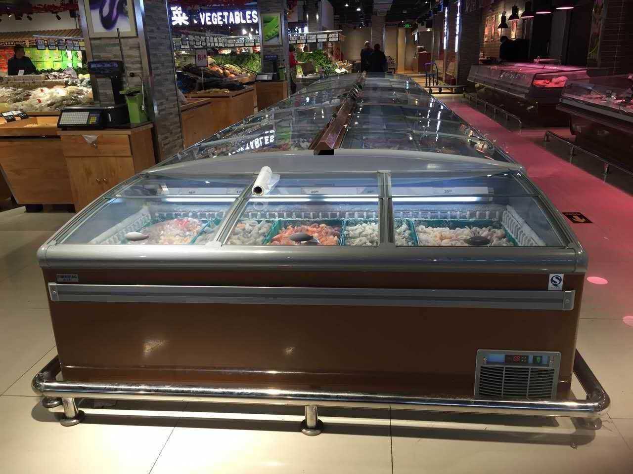 High Efficiency Static Cooling Supermarket Island Freezer For Meat Seafood