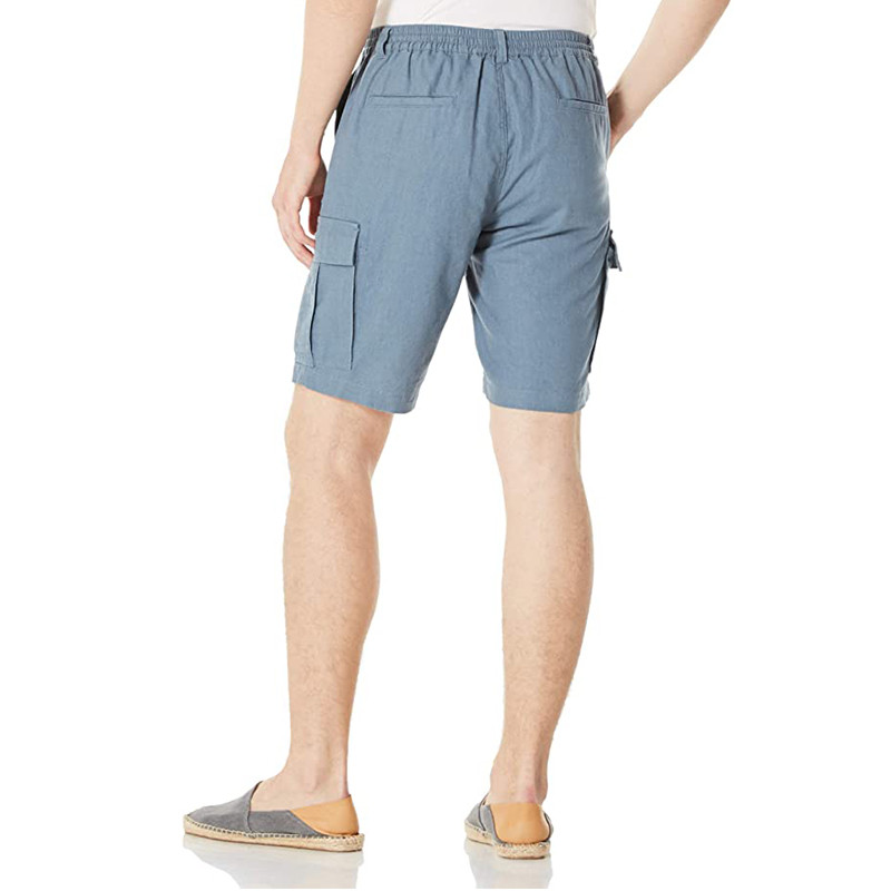 Men'S Cotton Linen Blend Cargo Shorts 9.5 Inch Inseam Shorts Drawstring Button Closure