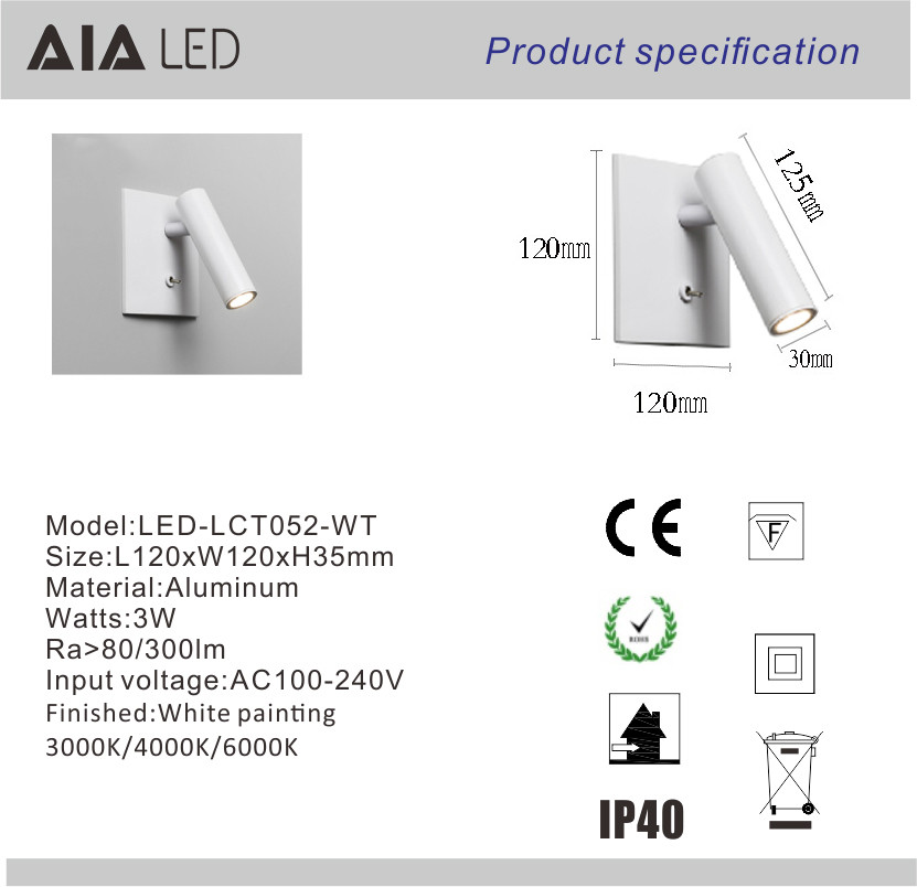 Simple recessed mounted knob switch 3W led wall lamp bed wall reading light for bedroom decoration