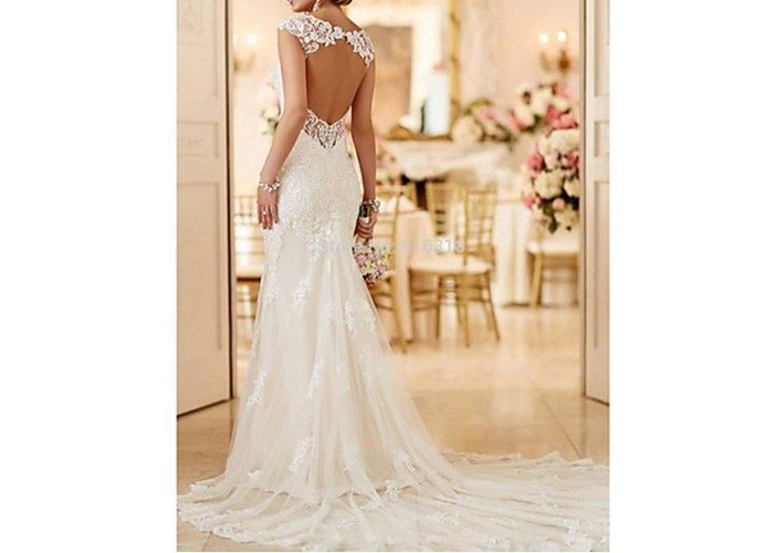 Backless Ivory Mermaid Wedding Gown With Lace Long Fishtail Size S M L