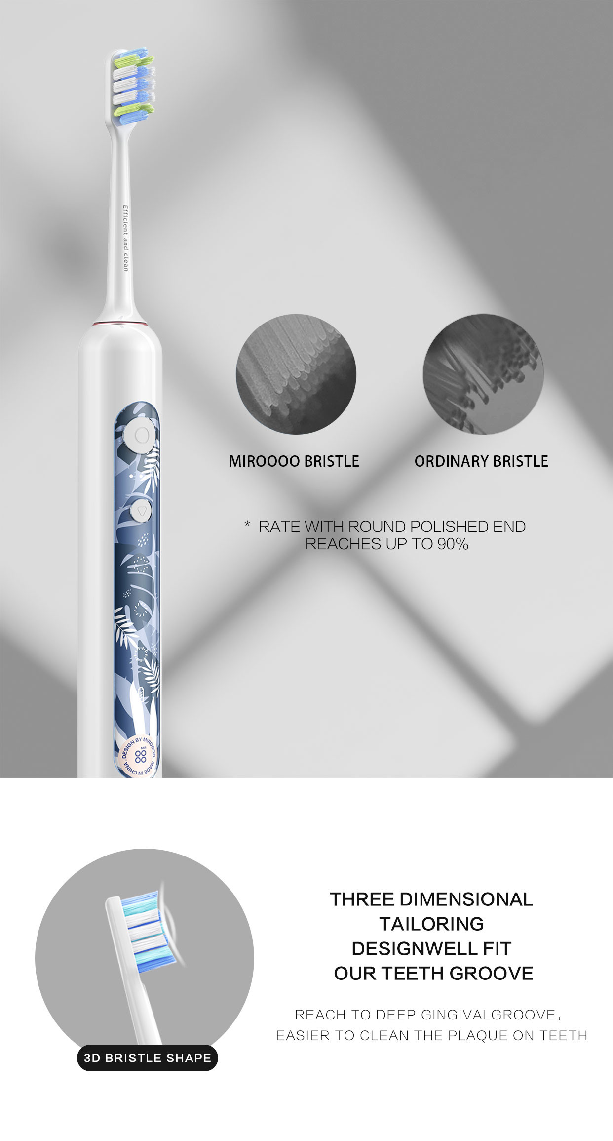MIROOOO Waterproof IPX7 DuPont Brush Heads Electric Toothbrush With Smart Timer