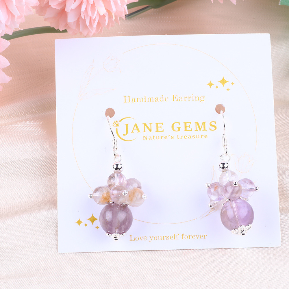 Natural Stone Earring 8MM 10MM Healing Lavender Azeztulite Crystal Bead Dangle Flower Earring