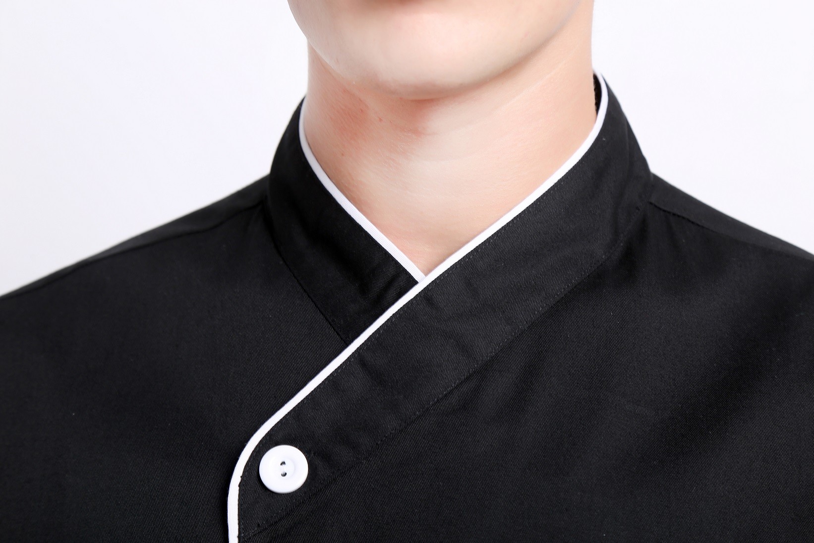240 GSM Polyester 65% Cotton 35% Long Sleeve Feed Off Arm Black Chef Coat