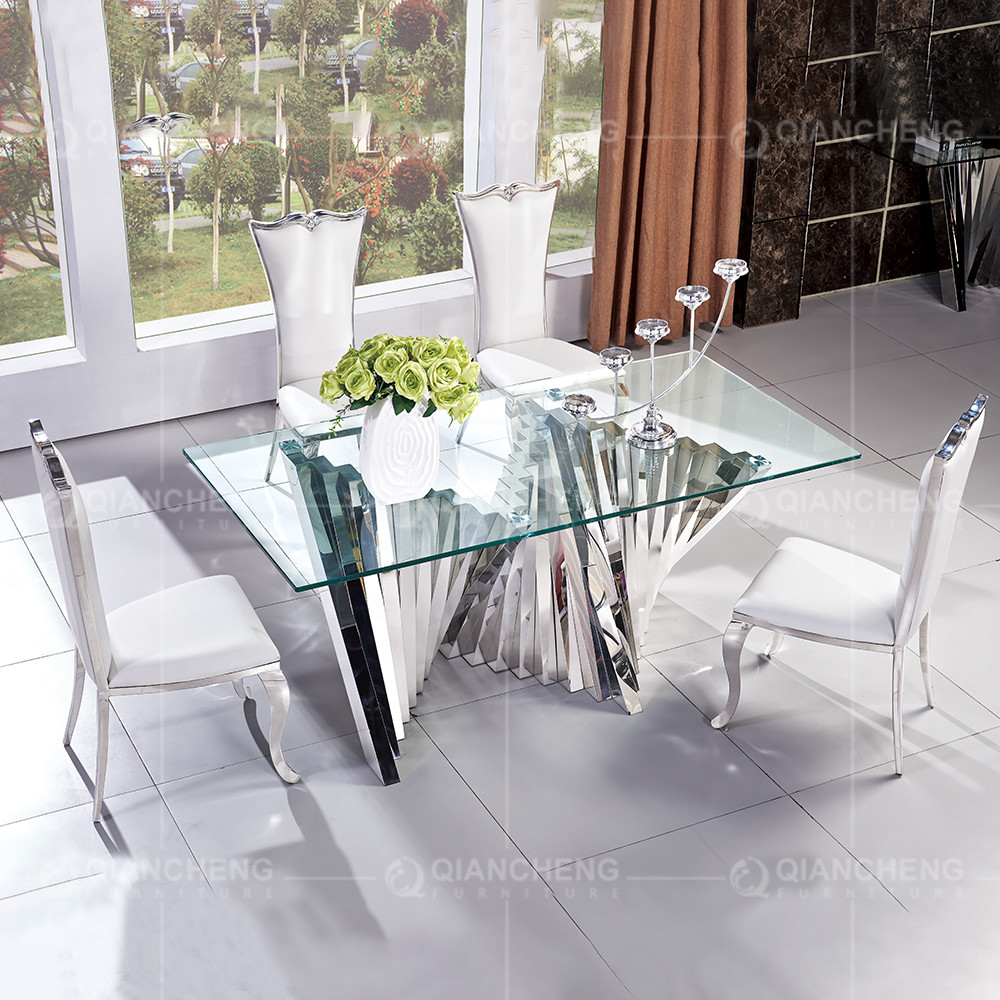 Rectangular 70 inch Minimalist Glass Dining Table Curve Polished Chrome SS Frame