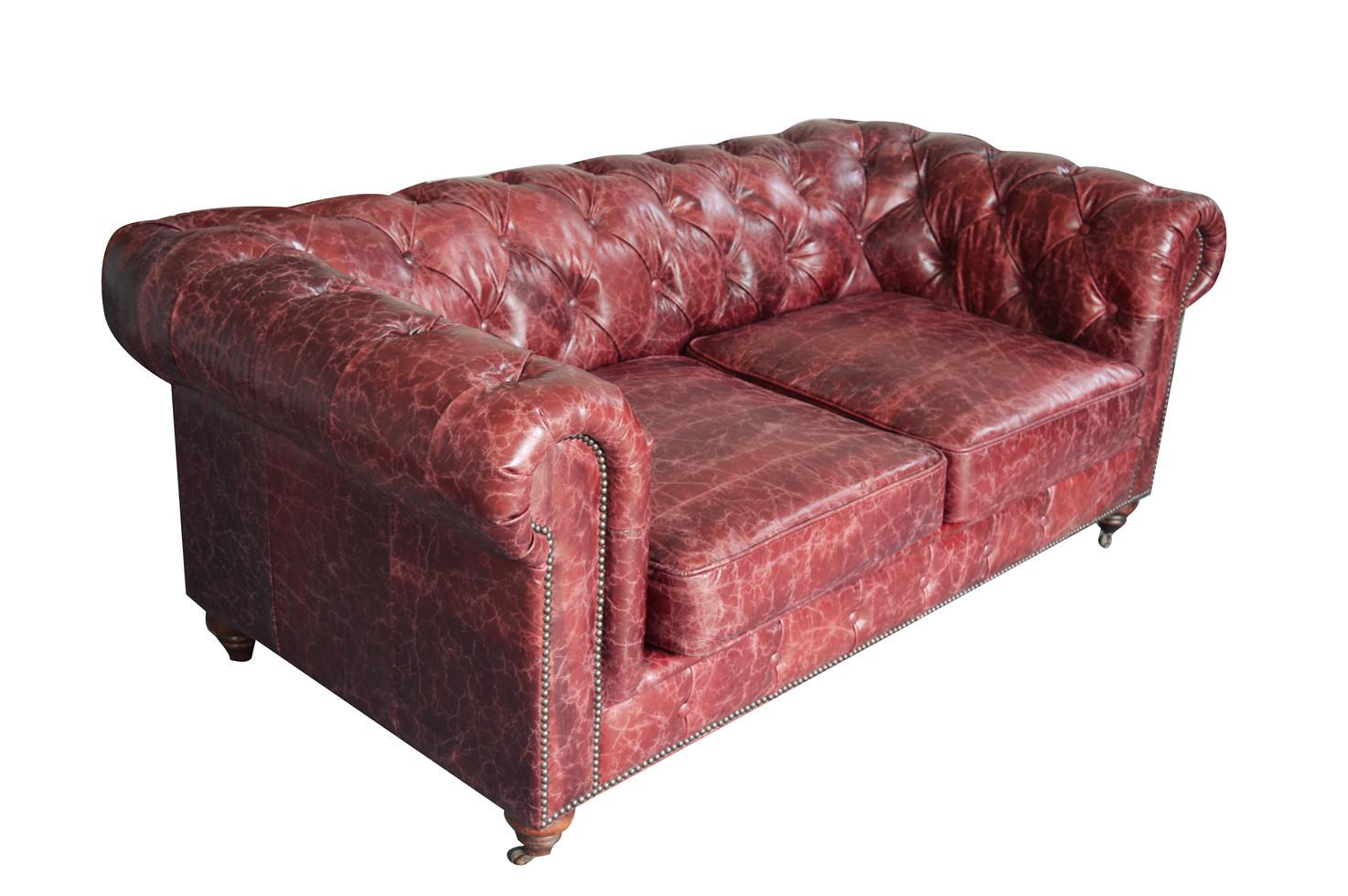 Red Grain 2 Seater Leather Sofa Top Grain Vintage Scratches Upholstered Type