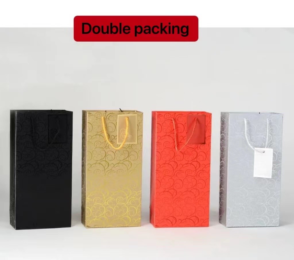 Hot Stamping 190gsm Kraft Double Wine Bottle Bags PP Rope Handle 2 Bottle Wine Carrier