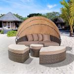 Modern Hotel Outdoor Furniture Patio Rattan Round Flip Top Daybed With Canopy