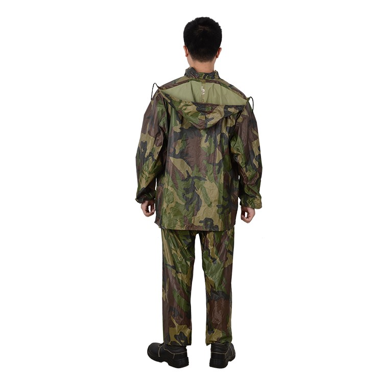 Adjustable RAINWEAR Camouflage Rain Suit with Rubberized Hood and Elastic Waist Pants