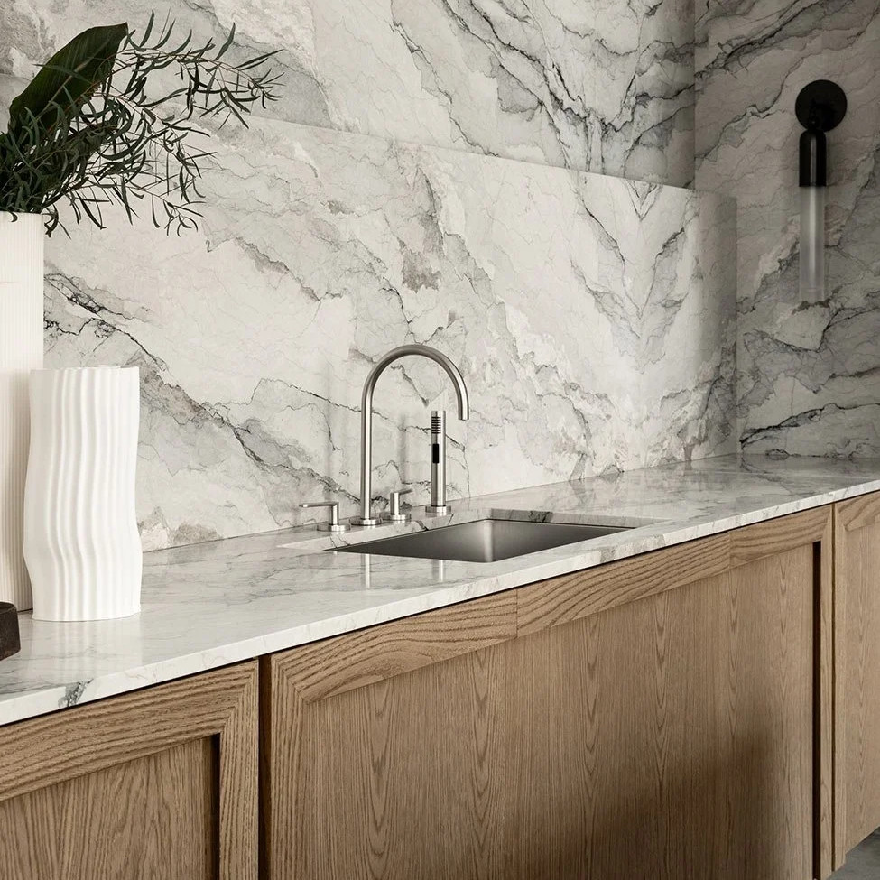 Villa White Oak Wood Veneer Kitchen Marble Countertop Frame Line Door Panel Complete Kitchen Cabinet Set