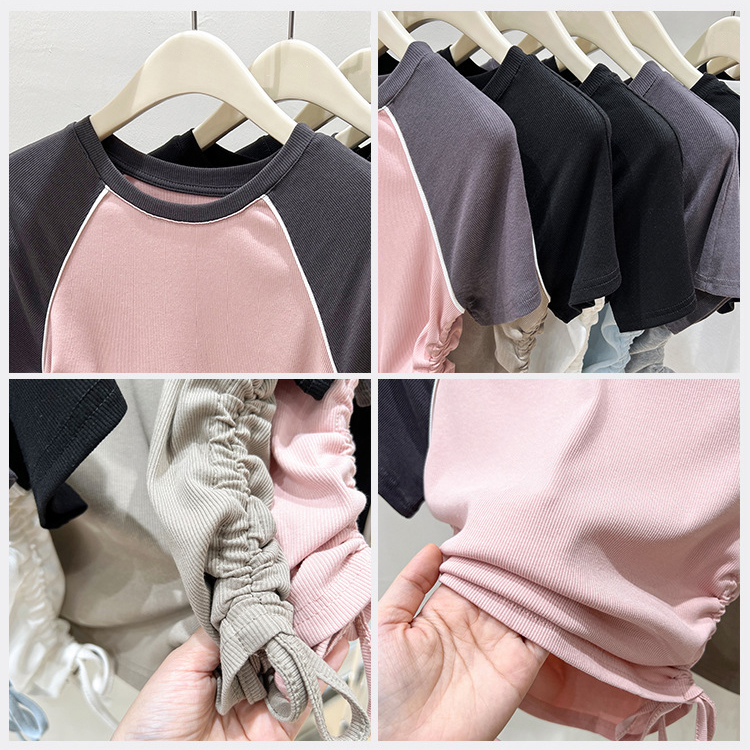 Custom Y2K Ribbed Cotton Contrast Color Crop Top Ruched Drawstring Short Sleeve Women