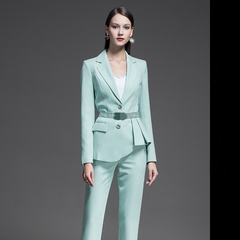 2021 Fashion Women's Slim Formal Office Skirt Suit with V-neck Collar and Full Sleeves