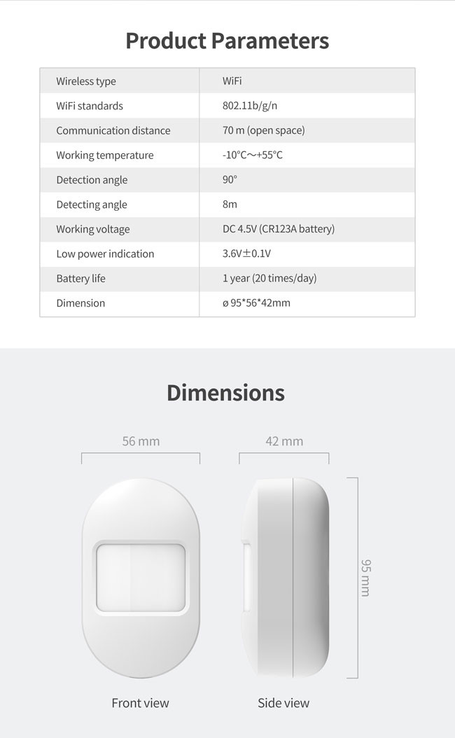 4.5V WiFi PIR Motion Sensor 8m Detecting Distance 2.2m Installation Height